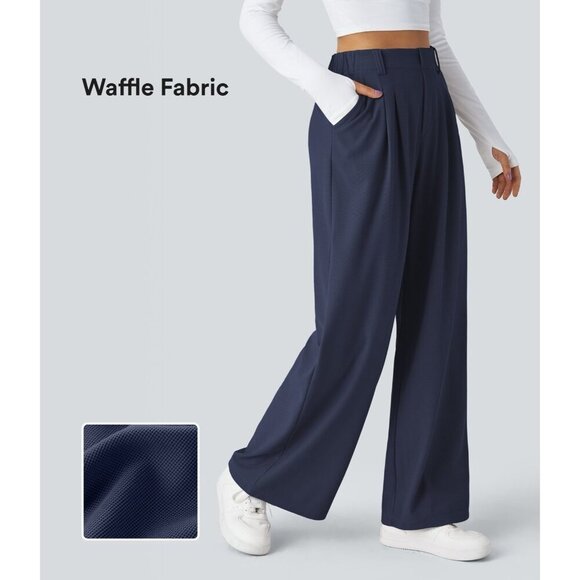 Halara High Waisted Pleated Pocket Wide Leg Flowy Waffle Pants Size XL Navy NEW - Picture 1 of 7